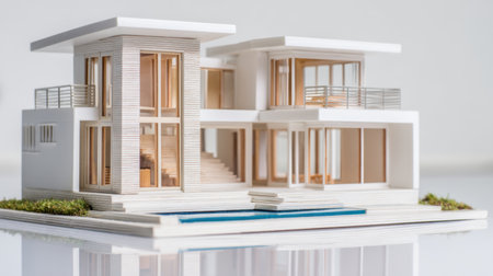 A stunning architectural model of a modern home featuring sleek design, large windows, and a serene pool. Perfect for showcasing contemporary architectural concepts and creativity.の素材