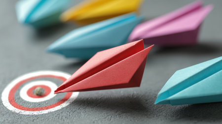 This image portrays colorful paper airplanes flying towards a target, symbolizing ambition and the pursuit of goals in a dynamic and creative atmosphere.の素材