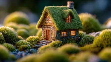 A delightful miniature house with a thatched roof stands amidst vibrant green moss, creating a charming scene that evokes feelings of wonder and tranquility in nature.の素材