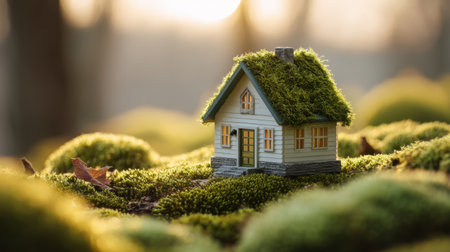 A delightful miniature house is enveloped in soft moss, nestled in nature's vibrant landscape during sunrise, capturing the essence of whimsy and tranquility.の素材