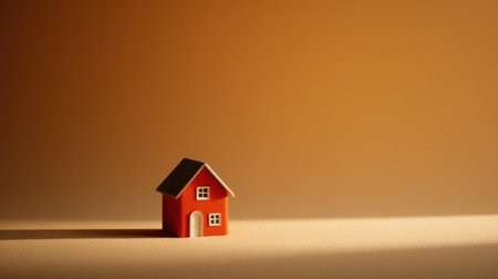A charming miniature red house rests on a soft beige background. The warm lighting enhances the cozy feel, making it perfect for real estate or home decor concepts.の素材