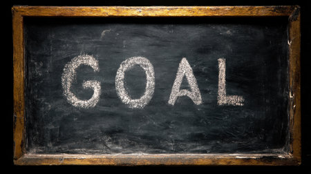 A close-up view of a rustic chalkboard showcasing the word 'GOAL' in striking white chalk, symbolizing ambition, determination, and educational motivation. Perfect for inspirational themes.の素材