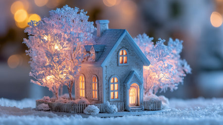 A serene winter scene featuring a beautifully illuminated miniature house surrounded by frosty trees, perfect for capturing the magic of the holiday season.の素材
