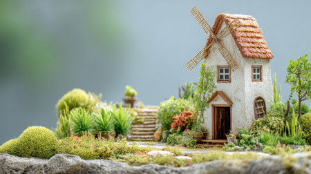 This enchanting miniature windmill house, surrounded by vibrant greenery and carefully arranged plants, captures the essence of tranquility and craftsmanship in a cozy garden scene.の素材