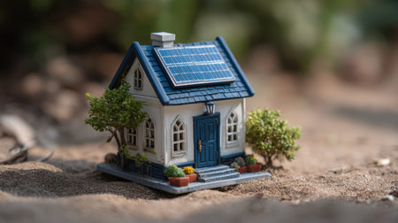 A charming miniature house model equipped with solar panels sits in a sandy outdoor setting, highlighting eco-friendly living and innovative design in a natural environment.の素材