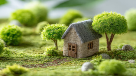 A charming miniature house with a thatched roof nestled among lush green trees and moss, showcasing serenity and creativity in a detailed landscape setting.の素材