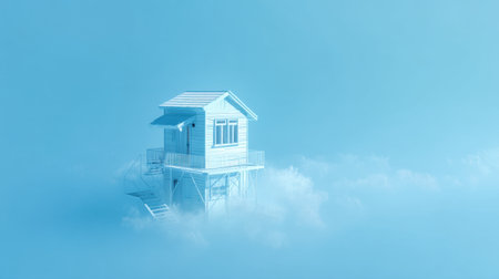 A whimsical blue house floats above soft clouds under a serene sky, capturing a dreamy atmosphere and inspiring imaginative thoughts of peaceful living.の素材