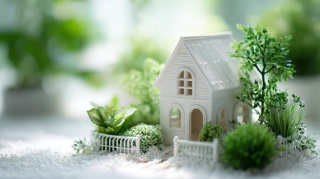 A charming miniature house adorned with lush green plants creates a serene scene filled with natural light and tranquility, ideal for home decor and creative inspiration.の素材