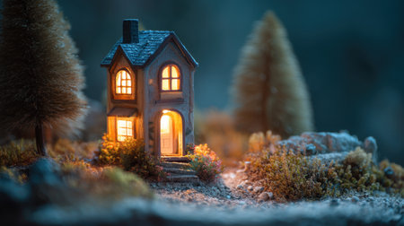This enchanting miniature house, softly illuminated at dusk, invites viewers into a serene scene filled with delicate trees and tranquil foliage, perfect for creative inspiration.の素材