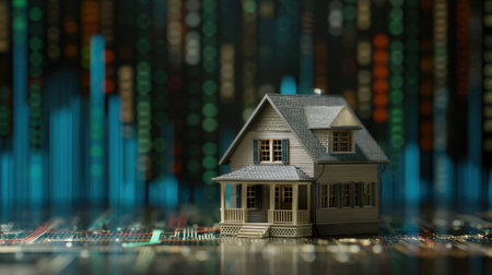 A small model house is displayed against a vibrant backdrop of financial data. This image represents real estate market trends and highlights investment opportunities.の素材