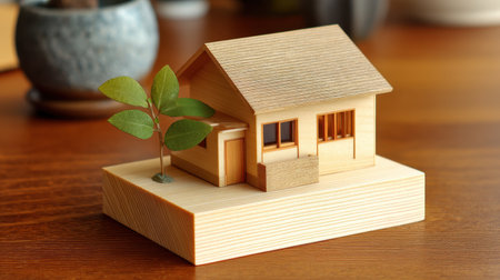 A charming wooden model of a house with a single leafy plant, perfectly showcased on a wooden base, offering a serene and artistic touch to any indoor space.の素材