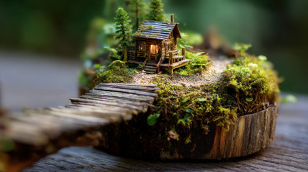 This captivating image showcases a miniature wooden cabin amid lush moss, complete with a rustic wooden bridge, offering a serene escape into nature's beauty.の素材