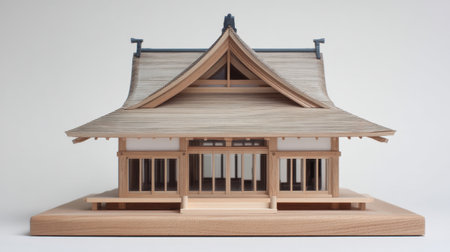 A beautifully crafted wooden model showcasing a traditional Japanese house design, featuring elegant lines and open spaces allowing for natural light and harmony.の素材