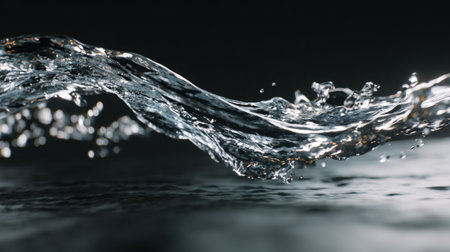 High-speed photography captures the fluid motion of water creating stunning splashes against a dark background. The elegance and beauty of nature are represented.の素材