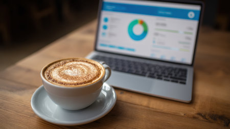 A serene coffee setting featuring a latte with heart art beside a laptop displaying business analytics, ideal for capturing the essence of productivity and comfort.の素材