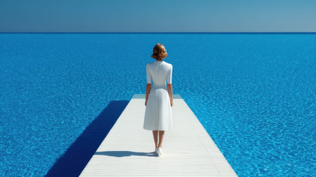 A serene image of a woman in a white dress walking towards a vast blue horizon over calm waters, capturing the essence of peace and beauty in nature.の素材