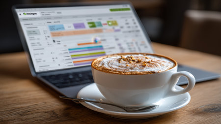 Experience a cozy morning atmosphere with a warm latte beside a laptop displaying digital planning tools, perfect for enhancing productivity in a relaxed workspace.の素材
