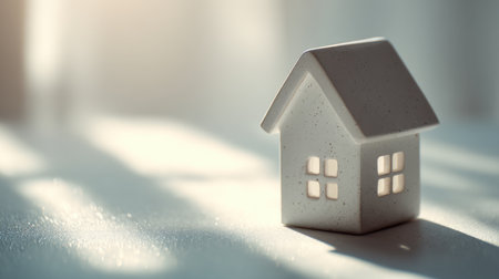 A delicate miniature house model illuminated softly in a serene environment. Ideal for themes related to home, decoration, and peaceful living aesthetics.の素材