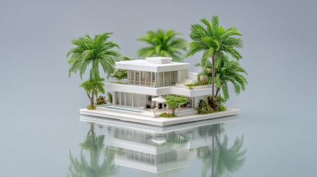 This artistic representation features a modern luxury house model surrounded by lush palm trees, highlighting its sleek design on a reflective surface, ideal for real estate looks.の素材