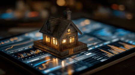 A captivating scene featuring a 3D house model resting on a tablet, showcasing vibrant charts and graphs that illustrate dynamic real estate market trends and data.の素材