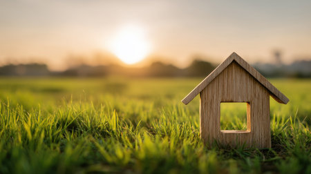 A wooden house model sits on lush green grass, illuminated by the gentle light of sunrise. This scene evokes feelings of warmth, new beginnings, and the essence of home.の素材