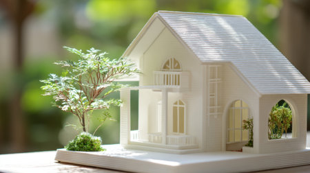 A beautifully crafted miniature model of a modern house highlights intricate architectural details and lush landscaping elements, perfect for design inspiration.の素材