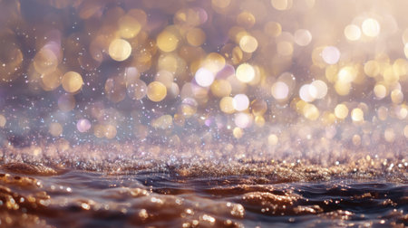 Captivating image of a water surface adorned with bokeh light effects and gentle ripples, evoking a sense of tranquility and calmness in a dreamy atmosphere.の素材