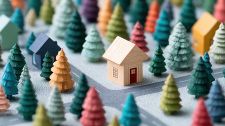 This image showcases an enchanting arrangement of colorful miniature houses and trees, ideal for creative projects, home decor, and artistic inspiration.の素材