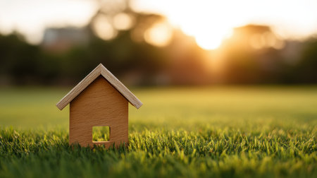 A charming wooden house model sits on lush green grass, illuminated by the warm glow of sunset. This scene embodies the essence of home and tranquility in nature.の素材