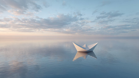 A striking image of a delicate paper boat gracefully floating on still water, surrounded by soft hues of the sky, creating a tranquil and serene ambiance.の素材