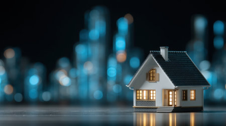 A charming model house with glowing windows sits in front of a beautifully blurred city skyline at night. This image evokes feelings of warmth, architecture, and urban living.の素材