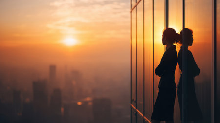 A professional woman stands by a glass window during sunset, reflecting on her ambitions against the backdrop of a stunning urban skyline, embodying determination.の素材