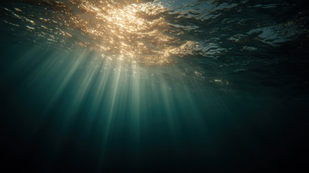 Dive into the enchanting world below the surface where light dances through calm blue waters, creating a serene and mesmerizing underwater scene full of tranquility.の素材