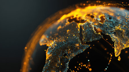 Stunning digital artwork of a glowing Earth globe highlighting illuminated data networks and connections across Africa and Europe, perfect for technology and science visuals.の素材