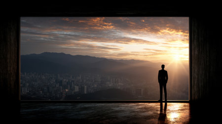 A silhouette of a businessman stands in an elegant modern space, looking out at a breathtaking sunset over the city and mountains, evoking a sense of contemplation and aspiration.の素材