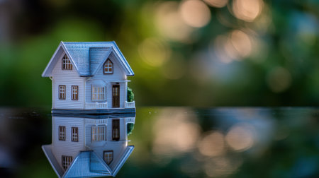 A captivating image of a small house model resting on a reflective surface, surrounded by a dreamy blurred background, ideal for themes of home and serenity.の素材