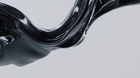 This abstract image features a smooth flow of black liquid on a light gray background, emphasizing elegance and movement with a minimalist artistic flair.の素材