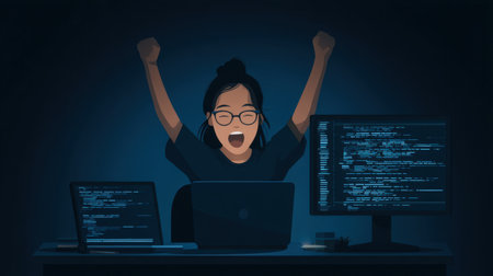 A joyful programmer celebrates success in a modern workspace, featuring multiple computer screens displaying code. The vibrant scene emphasizes achievement in technology.の素材