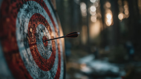 A striking image capturing an arrow embedded in a bullseye target surrounded by a serene forest, with dappled sunlight creating a magical atmosphere, perfect for archery enthusiasts.の素材