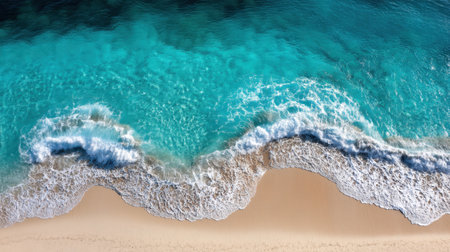 This stunning aerial view showcases crystal clear turquoise ocean waves gently lapping against a soft sandy beach, creating a peaceful and serene atmosphere.の素材