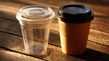 A clear plastic cup and a brown paper coffee cup sit on a wooden surface, illuminated by warm sunlight. This image captures the simplicity of beverage containers in a cozy and inviting setting.の素材