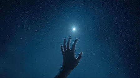 A serene image depicting a hand reaching out towards a starry sky, capturing a moment of aspiration and wonder beneath a vast cosmic expanse filled with shimmering stars.の素材