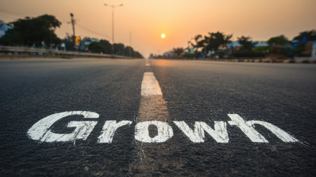 Scenic view of a deserted road at sunset featuring the word growth painted on the surface, capturing the essence of potential and new beginnings in an urban area.の素材