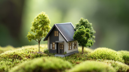 A charming miniature house nestled among vibrant greenery and trees, encapsulating the essence of serenity and the beauty of nature in a picturesque setting.の素材