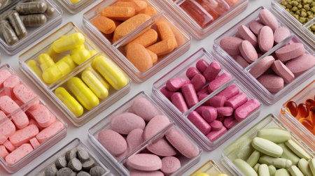 A vibrant collection of assorted vitamins and supplements in clear containers showcases various shapes and colors, highlighting options for a balanced health regime.の素材
