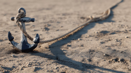 A weathered anchor lies on the sandy beach, with a rope trailing behind it. The warm sunlight creates soft shadows, evoking a sense of tranquility and adventure.の素材