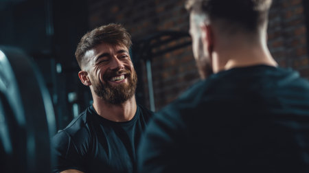 A smiling man with a beard reflects in the mirror during a gym workout, showcasing confidence and motivation. His joyful expression embodies a commitment to fitness and health.の素材