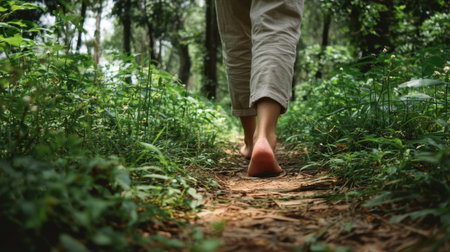 A serene image of a person walking barefoot along a natural trail, surrounded by vibrant greenery and tall trees, showcasing a peaceful outdoor experience in nature.の素材
