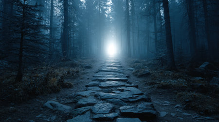 A captivating view of a stone pathway meandering through a foggy forest, leading to a distant bright light, evoking mystery and tranquility in nature.の素材