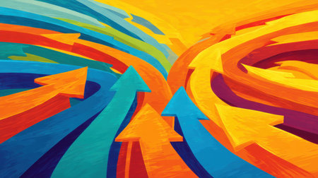 This vibrant abstract artwork features dynamic arrows in various colors, symbolizing growth and progress. The swirling patterns evoke movement and energy, perfect for creative projects.の素材